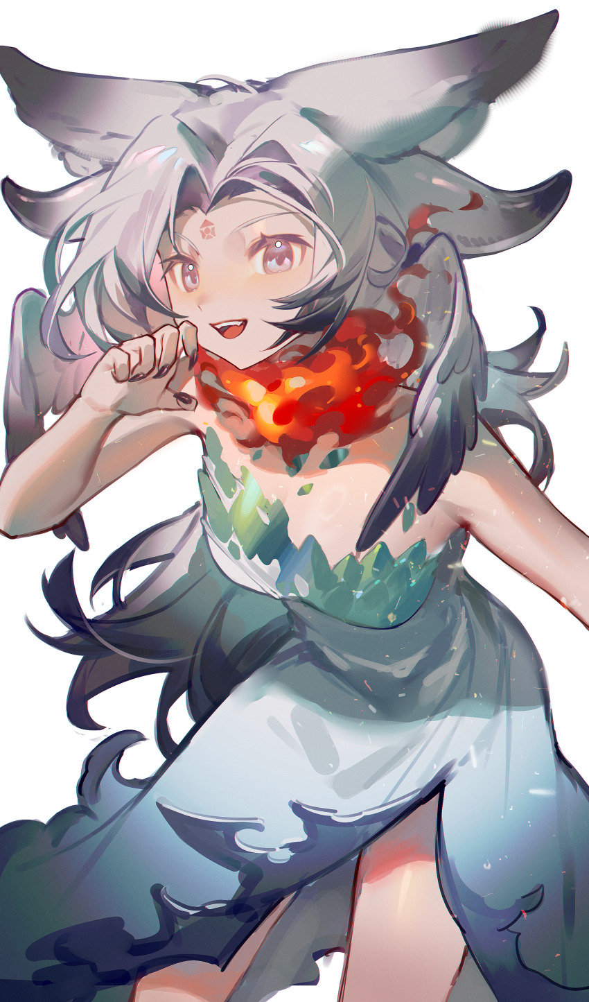 1girl absurdres breasts dress ender_xiaohai grey_eyes grey_hair highres houjuu_chimi long_hair looking_at_viewer open_mouth purple_nails simple_background smile solo teeth touhou upper_teeth_only white_background white_dress