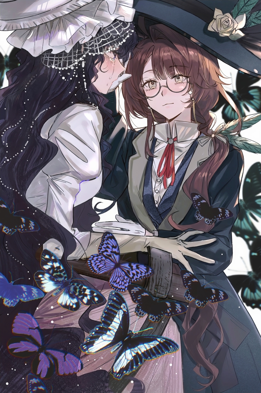 absurdres black_hair brown_hair bug butterfly canis428 closed_mouth collared_shirt crying crying_with_eyes_open dress eyewear_strap feathers flower glasses gloves green_feathers green_hat green_jacket hair_ribbon hand_on_another&#039;s_arm hand_on_another&#039;s_face hand_up hat hat_feather hat_flower highres insect isolde_(reverse:1999) jacket juliet_sleeves kakania_(reverse:1999) long_hair long_sleeves looking_at_another low_ponytail neck_ribbon ponytail profile puffy_sleeves purple_butterfly purple_eyes red_ribbon reverse:1999 ribbon round_eyewear shirt streaming_tears tears too_many too_many_butterflies upper_body veil very_long_hair wavy_hair white_background white_dress white_gloves white_hat white_shirt white_veil yellow_eyes yellow_flower yellow_gloves yellow_ribbon yuri