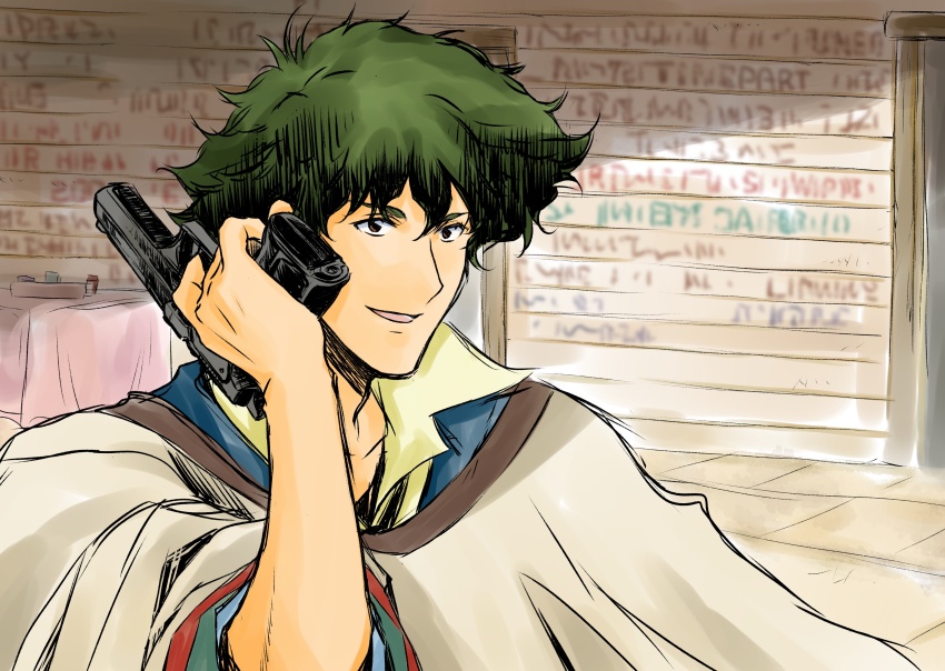 absurdres aiming_up blue_jacket brown_eyes brown_poncho closed_mouth collared_shirt cowboy_bebop dress_shirt finger_on_trigger green_hair gun handgun highres holding holding_gun holding_weapon jacket male_focus menu messy_hair outdoors parted_lips popped_collar shirt sign smile spike_spiegel table tablecloth tobalin upper_body weapon yellow_eyes