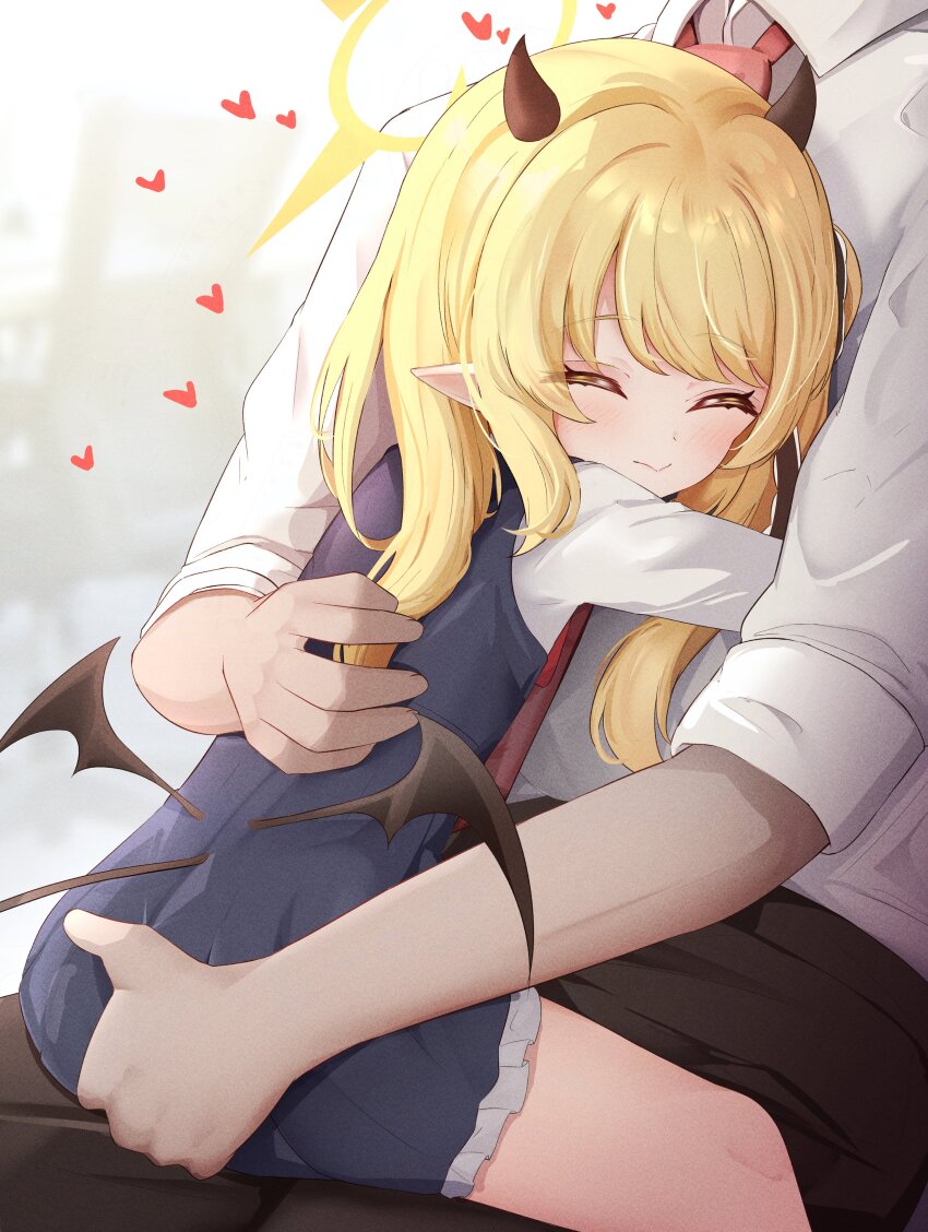 1boy 1girl absurdres asymmetrical_hair black_horns black_pants black_ribbon black_tail black_wings blonde_hair blue_archive blue_dress closed_eyes closed_mouth collared_shirt demon_girl demon_horns demon_tail demon_wings dress flasher_(flasher_ura) flat_chest girl_on_top grabbing_another&#039;s_ass groping hair_ribbon halo heart hetero highres horns ibuki_(blue_archive) loli long_hair necktie pants pinafore_dress pointy_ears red_necktie ribbon shirt short_dress side_ponytail sleeveless sleeveless_dress straddling tail upright_straddle white_shirt wings yellow_halo