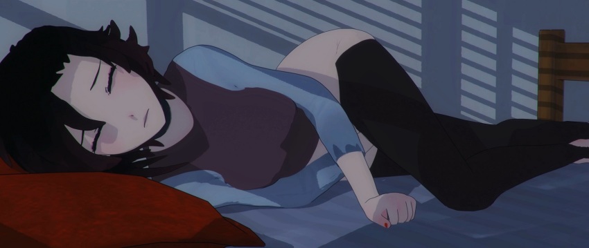 1girl 3d bed black_hair choker closed_eyes highres implied_masturbation kallenz lying on_side ruby_rose rwby short_hair solo thighhighs