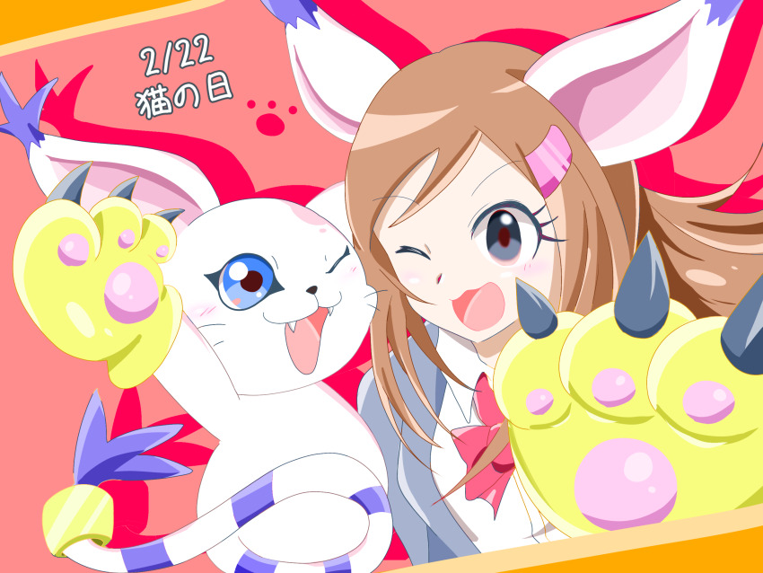 cosplay digimon digimon_(creature) digimon_rearise highres long_hair one_eye_closed shinjo_michi tailmon wink