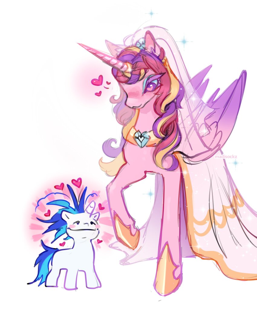 absurdres animal animal_focus bridal_veil commentary derivative_work dress english_commentary heart heart-shaped_pupils highres horse jewelry looking_down madisockz meme my_little_pony my_little_pony:_friendship_is_magic necklace no_humans photo-referenced pony_(animal) princess_cadance shining_armor shoes simple_background size_difference smile standing symbol-shaped_pupils the_bride_and_the_ugly_ass_groom_(meme) veil wedding wedding_dress white_background winged_unicorn wings