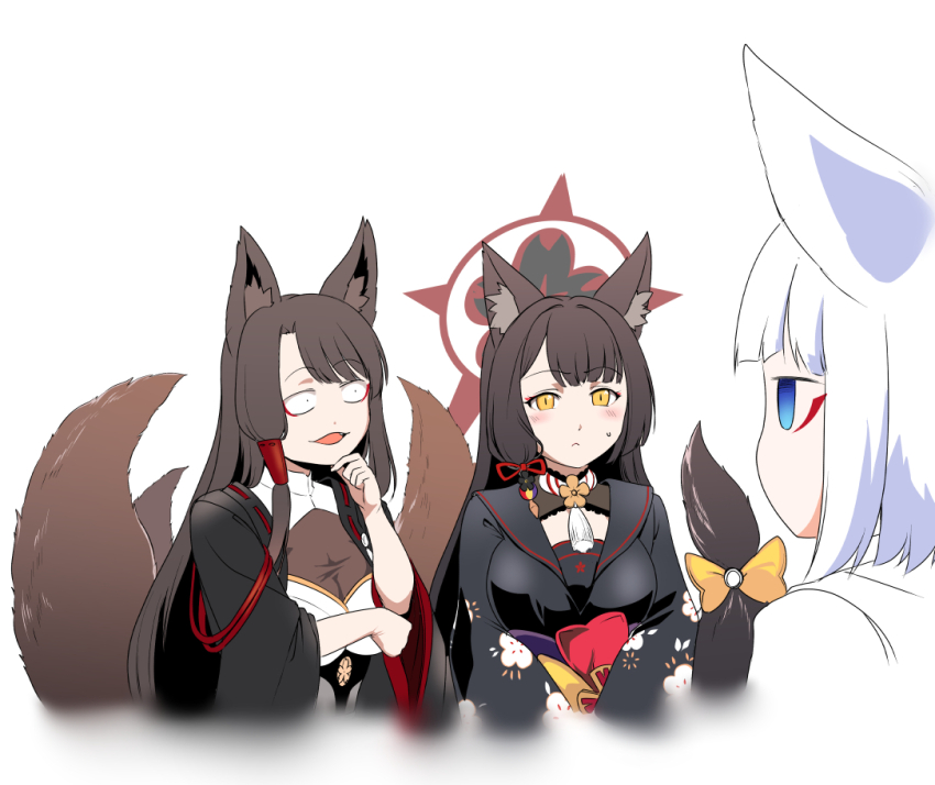 3girls akagi_(azur_lane) animal_ear_fluff animal_ears azur_lane black_kimono blue_archive blue_eyes blush breasts brown_hair brown_tail eyeliner eyeshadow flower fox_ears fox_girl fox_tail halo japanese_clothes kaga_(azur_lane) kimono kitsune kyuubi large_breasts long_hair look-alike makeup multiple_girls multiple_tails open_mouth red_halo short_hair smile steed_(steed_enterprise) tail tail_flower tail_ornament wakamo_(blue_archive) white_hair wide_sleeves yellow_eyes