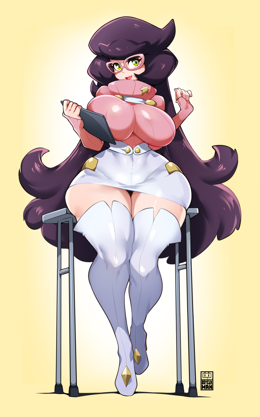 1girl absurdres alternate_hair_length alternate_hairstyle bayeuxman boots breasts capelet full_body glasses gradient_background green_eyes highres huge_breasts long_hair mature_female miniskirt nintendo open_mouth pencil_skirt pink-framed_eyewear pink_sweater pokemon pokemon_sm purple_hair simple_background skirt smile solo standing sweater table thigh_boots turtleneck turtleneck_sweater white_boots white_skirt wicke_(pokemon) wide_hips yellow_background