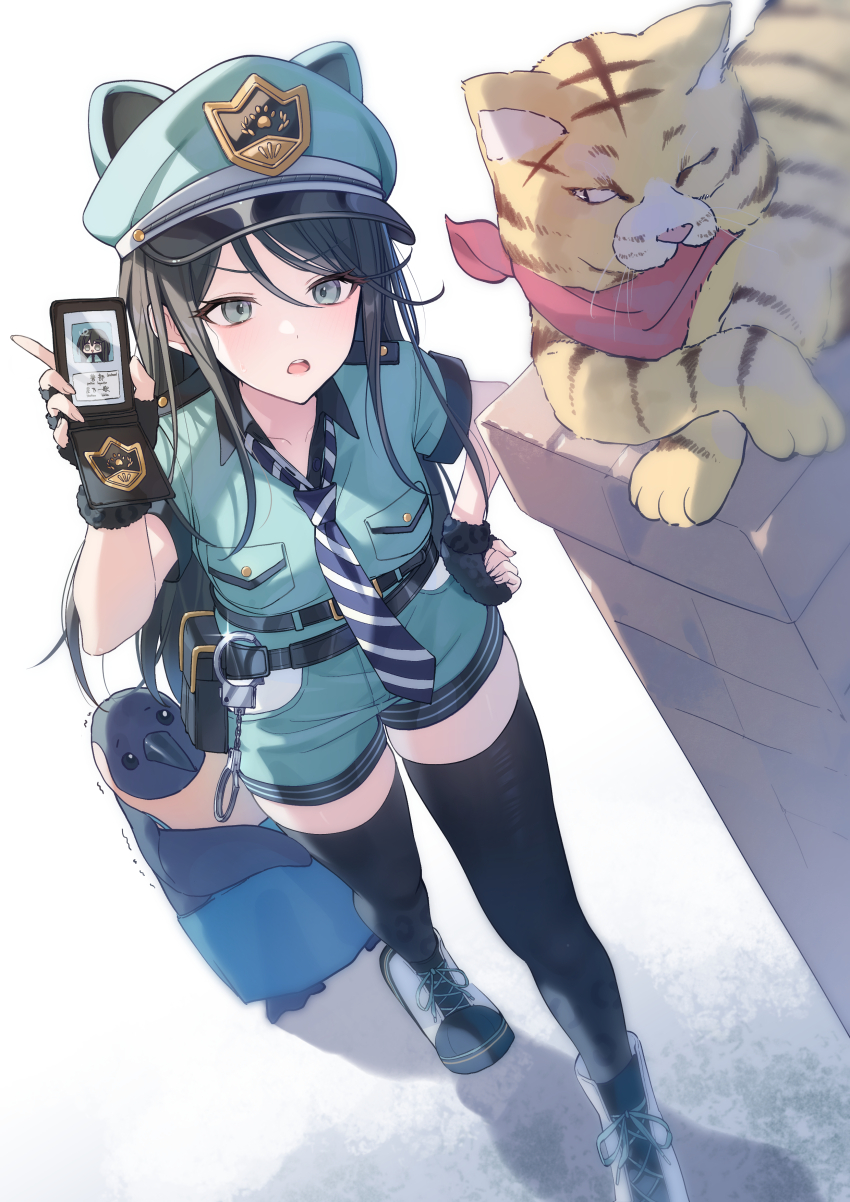 1girl absurdres animal animal_ears aqua_hat aqua_shirt aqua_shorts belt bird black_hair black_thighhighs breast_pocket collared_shirt cuffs fake_animal_ears fingerless_gloves gloves grey_eyes hand_on_own_hip hand_up handcuffs hat highres hoshino_ichika_(project_sekai) long_hair looking_at_viewer necktie open_mouth peaked_cap penguin pocket police_badge police_hat project_sekai shirt shoes short_shorts shorts sneakers solo standing thighhighs tiger timmoo v-shaped_eyebrows