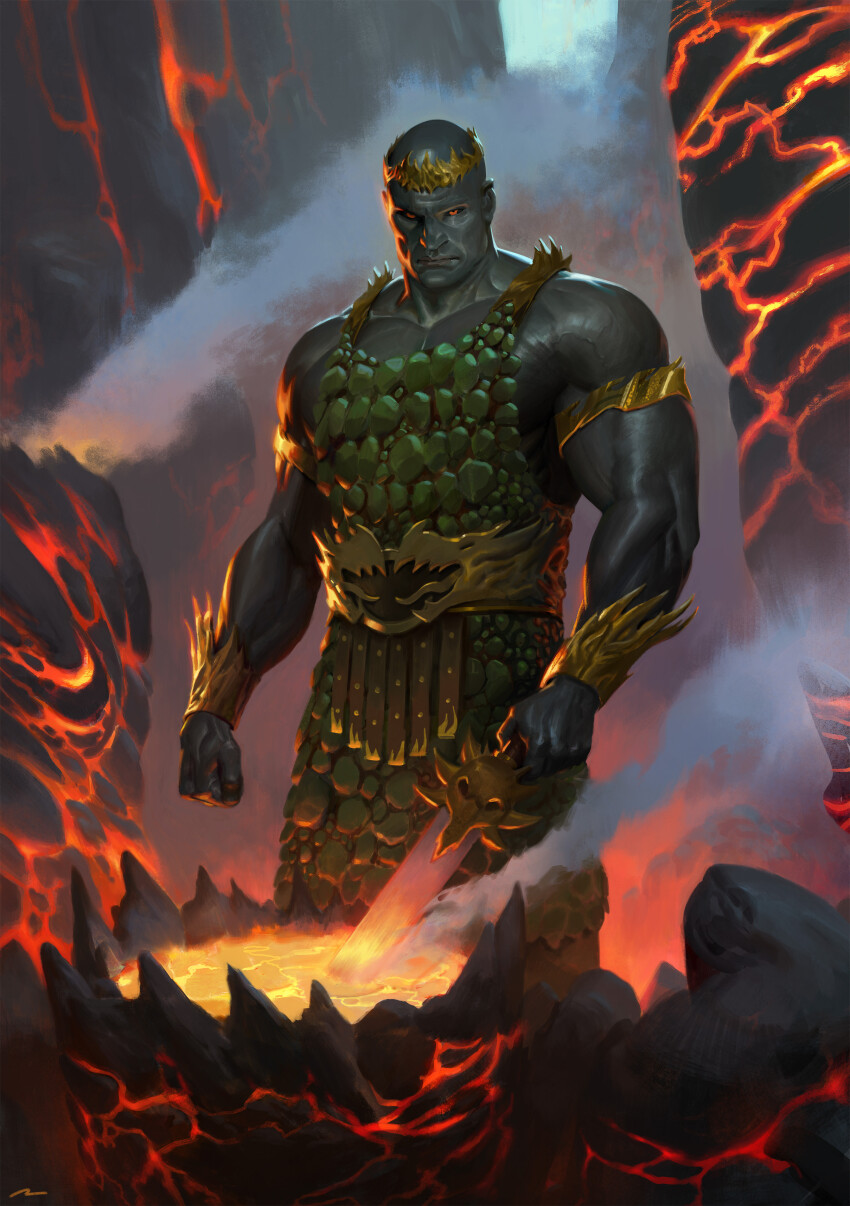 absurdres apron armor bald black_sclera blue_sky clenched_hand clenched_hands colored_sclera commentary cowboy_shot crown dark_skin dragon english_commentary glowing_hot gold_armor gold_trim green_apron green_armor highres holding holding_sword holding_weapon looking_at_viewer male_focus lava muscular muscular_male official_art oruam outdoors pelvic_curtain photoshop_(medium) primarch red_eyes salamanders_(warhammer) scale_apron scale_armor sky smithing solo standing steam sword vambraces veins vulkan warhammer_40k weapon yellow_armor