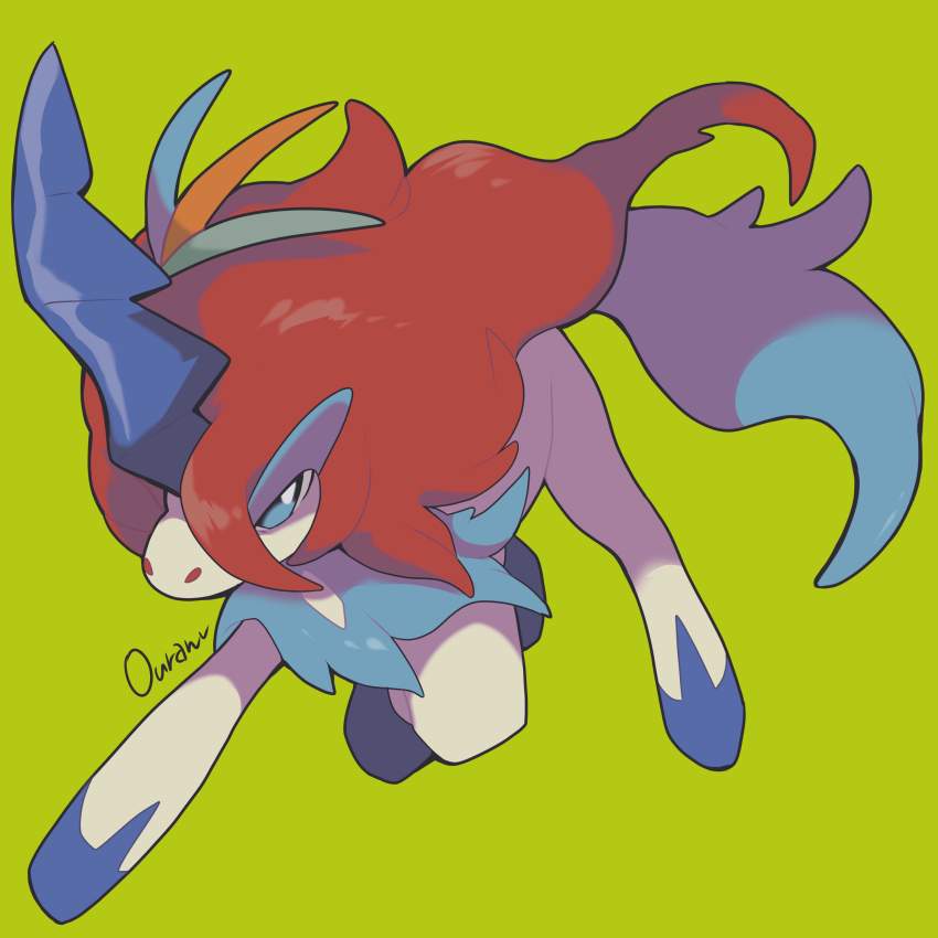 absurdres artist_name blue_eyes closed_mouth full_body gen_5_pokemon green_background highres horns keldeo keldeo_(resolute) legendary_pokemon looking_at_viewer mythical_pokemon nintendo no_humans ouran pokemon pokemon_(creature) signature simple_background single_horn solo tail