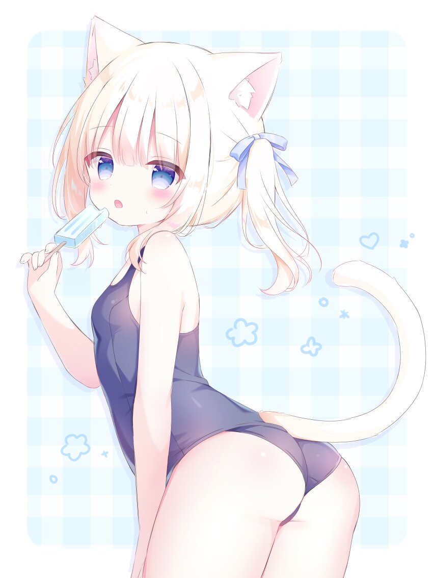 1girl :o absurdres animal_ear_fluff animal_ears ass bare_arms bare_shoulders blue_eyes blush bow breasts cat_ears cat_girl cat_tail collarbone cowboy_shot fang food from_behind hair_bow hair_ribbon highres holding holding_food ice_cream long_hair looking_at_viewer looking_back one-piece_swimsuit open_mouth original popsicle ribbon school_swimsuit small_breasts solo standing swimsuit tail tail_raised twintails usami_cocoa white_hair