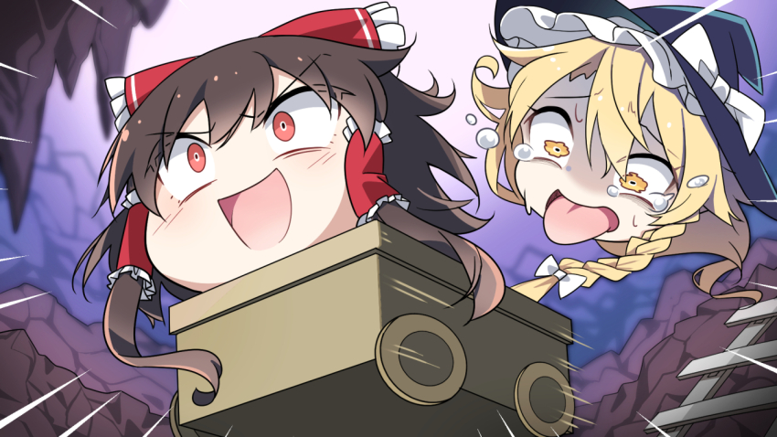 blonde_hair bow braid brown_hair e.o. hair_bow hair_tubes hakurei_reimu hat kirisame_marisa open_mouth red_bow red_eyes scared sidelocks single_braid smile touhou underground wagon witch_hat yellow_eyes yukkuri_shiteitte_ne