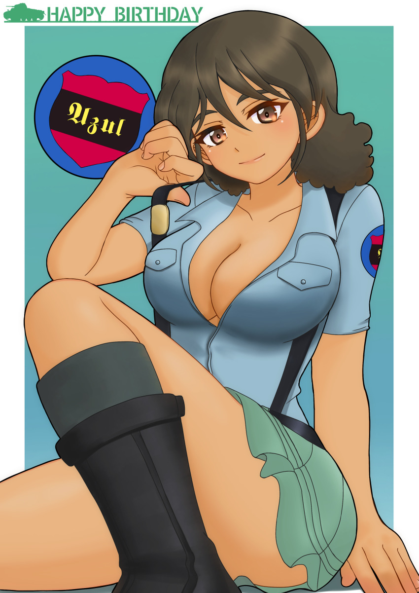 1girl absurdres amanone_yun aoshidan_(emblem) aoshidan_school_uniform aqua_background belt birthday black_belt black_boots black_socks blue_shirt boots breasts brown_eyes brown_hair cleavage closed_mouth collared_shirt curly_hair dark-skinned_female dark_skin english_text girls_und_panzer green_skirt happy_birthday highres looking_at_viewer medium_breasts medium_hair miniskirt partially_unbuttoned school_uniform shirt short_sleeves sitting skirt smile socks solo suspender_skirt suspenders suspenders_pull viridiana_(girls_und_panzer)