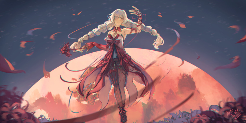 1girl absurdres agito_(agitoishere) arm_up bandage_over_one_eye bandaged_arm bandages black_pantyhose braid chromatic_aberration commentary dress flower full_body grey_hair highres holding holding_flower long_hair looking_at_viewer low_twin_braids pantyhose phrolova_(wuthering_waves) red_dress red_eyes red_petals signature single_sleeve solo spider_lily twin_braids wuthering_waves