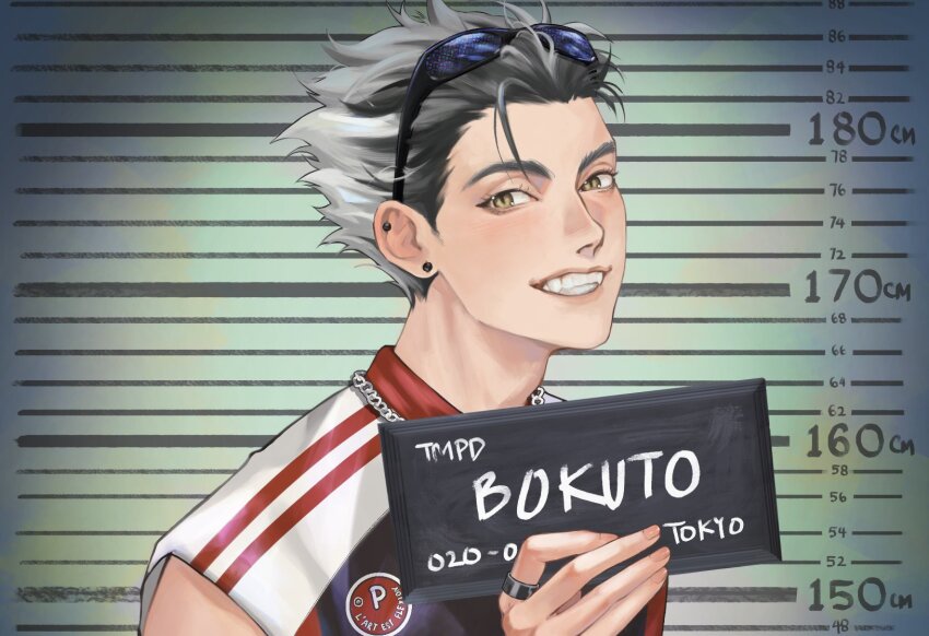 1boy barbie_mugshot_(meme) black_hair bokuto_koutarou chain chain_necklace character_name colored_tips commentary english_commentary eyewear_on_head gankedbyshipdom grey_hair grin haikyuu!! hand_up height_chart highres holding jewelry looking_at_viewer male_focus meme mugshot multicolored_hair necklace procreate_(medium) ring shirt short_hair sleeveless slit_pupils smile solo sunglasses two-tone_hair upper_body very_short_hair white_shirt yellow_eyes