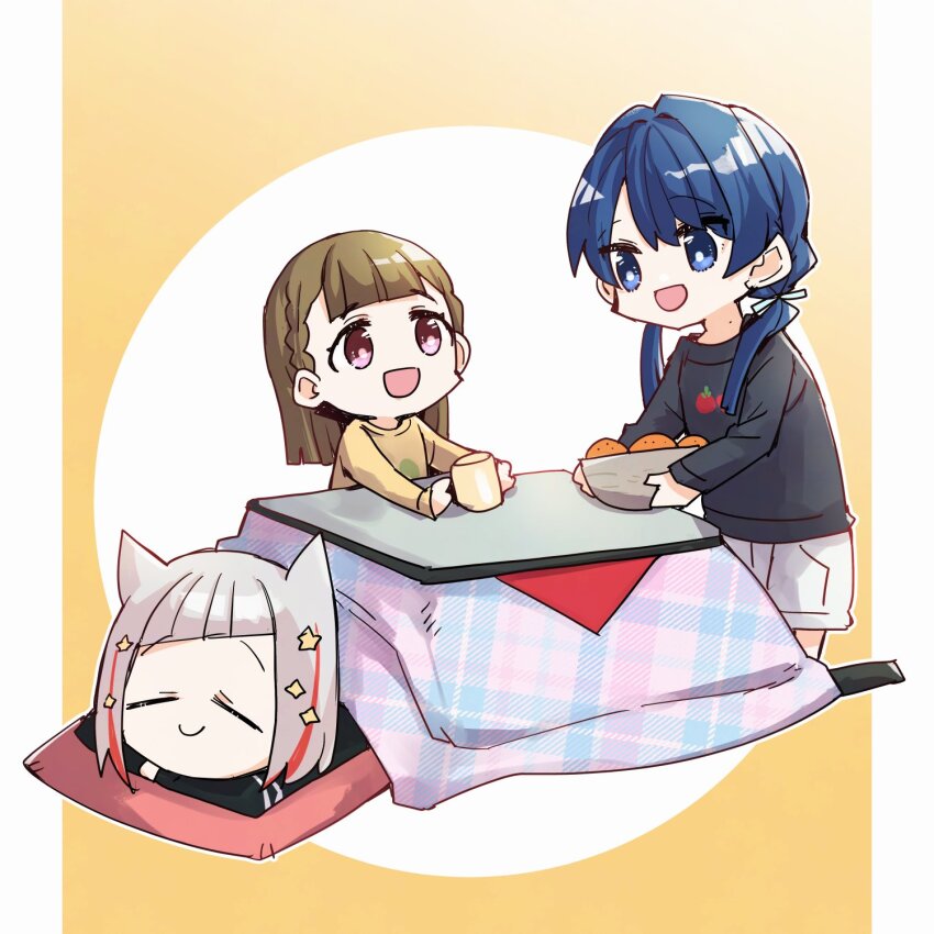 3girls :d alt_text animal_ears black_bow black_jacket black_shirt blue_eyes blue_hair blue_ribbon bob_cut bow bowl braid brown_hair c: cat_ears cat_girl center-flap_bangs closed_eyes commentary_request cup diagonal_bangs dollchestra food fruit grey_hair hair_bow hair_ornament hair_ribbon highres holding holding_bowl holding_cup inverted_bob jacket kachimachi_kosuzu kanduki_kamibukuro kemonomimi_mode kotatsu link!_like!_love_live! long_hair long_sleeves love_live! low_twintails mandarin_orange mole mole_on_neck multicolored_hair multiple_girls murano_sayaka open_mouth pink_eyes red_hair ribbon round_image shirt short_hair shorts side_braids simple_background smile star_(symbol) star_hair_ornament straight_hair streaked_hair table twintails under_kotatsu under_table unmoving_pattern virtual_youtuber white_shorts yellow_shirt yugiri_tsuzuri yugiri_tsuzuri_(summer_loungewear)