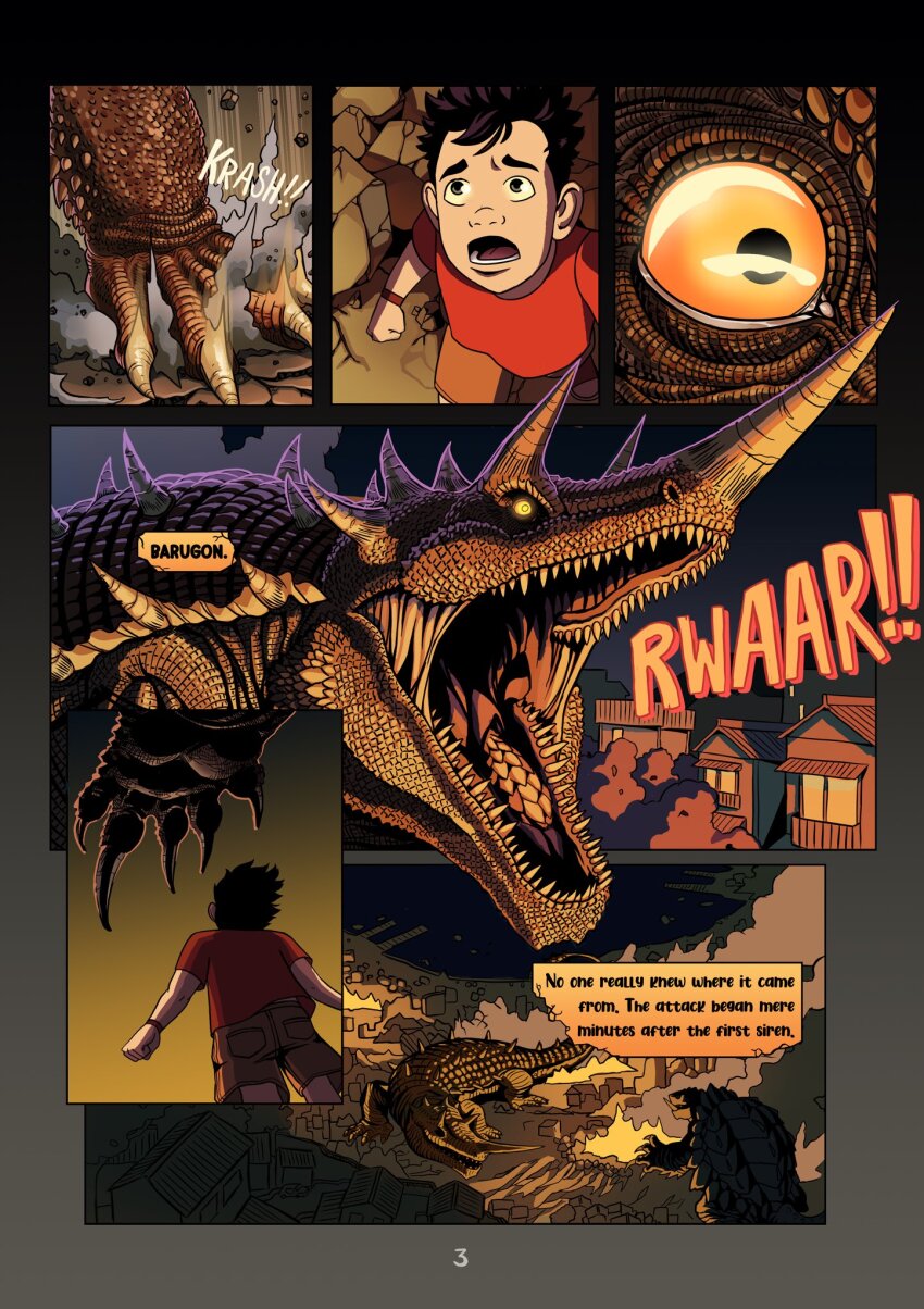 1boy alex_alcanter barugon daiei_film daiei_motion_picture destruction english_text fire gamera gamera_(series) gamera_vs._barugon highres horns kadokawa kaiju lizard nasal_horn night red_shirt sea_monster sharp_teeth shirt smoke tail teeth text_focus turtle turtle_shell tusks village water wristband yellow_eyes