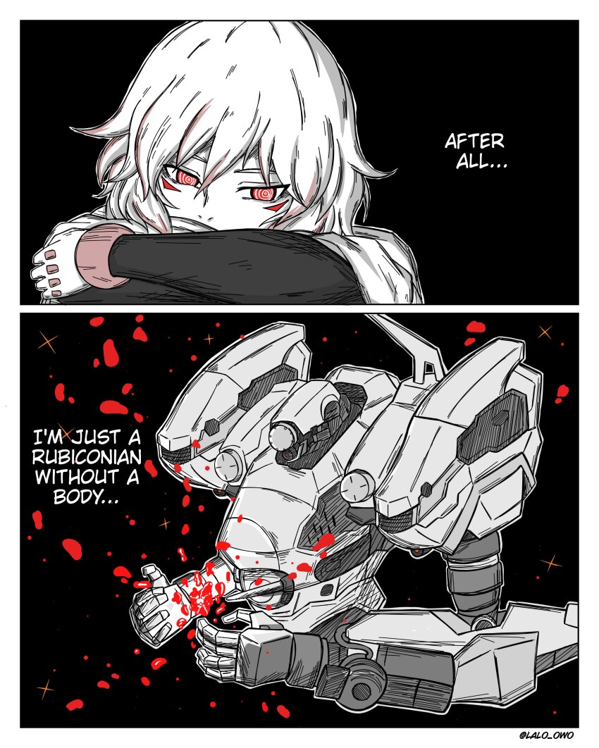 1girl 621_(armored_core_vi) absurdres armored_core armored_core_vi:_fires_of_rubicon ayre_(armored_core_vi) highres joints lalo_owo loader_4 mecha mecha_focus mechanical_arms mechanical_hands red_eyes ringed_eyes robot robot_joints science_fiction white_hair