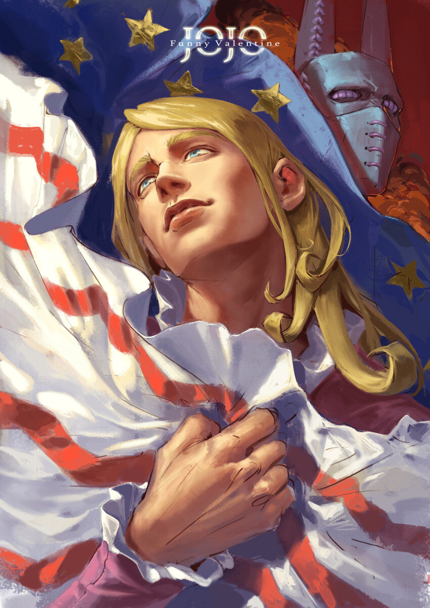 2boys absurdres american_flag blonde_hair character_name chinese_commentary commentary_request curly_hair dirty_deeds_done_dirt_cheap funny_valentine green_eyes hand_on_own_chest highres jojo_no_kimyou_na_bouken long_hair looking_up male_focus multiple_boys stand_(jojo) star_(symbol) steel_ball_run upper_body xiao-yang