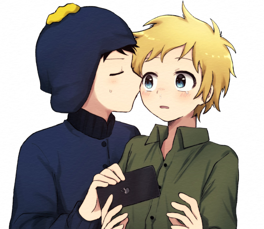 2boys animification apple_inc. black_hair blonde_hair blue_eyes blush cellphone chullo closed_eyes collared_shirt craig_tucker crying holding holding_phone iphone jacket kiss kissing_cheek long_sleeves looking_at_another looking_to_the_side male_focus multiple_boys open_mouth phone shirt smartphone south_park sweat tears tohachi tweek_tweak upper_body yaoi