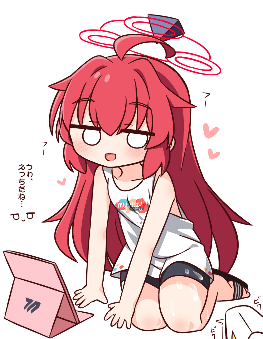 1girl :d ahoge bare_arms bare_shoulders black_sandals black_shorts blue_archive blush commentary_request full_body halo hana_kazari heart highres jitome long_hair looking_at_viewer maki_(blue_archive) o_o open_mouth print_shirt red_hair red_halo sandals shirt shorts simple_background sitting sleeveless sleeveless_shirt smile solo tablet_pc translation_request very_long_hair white_background white_shirt
