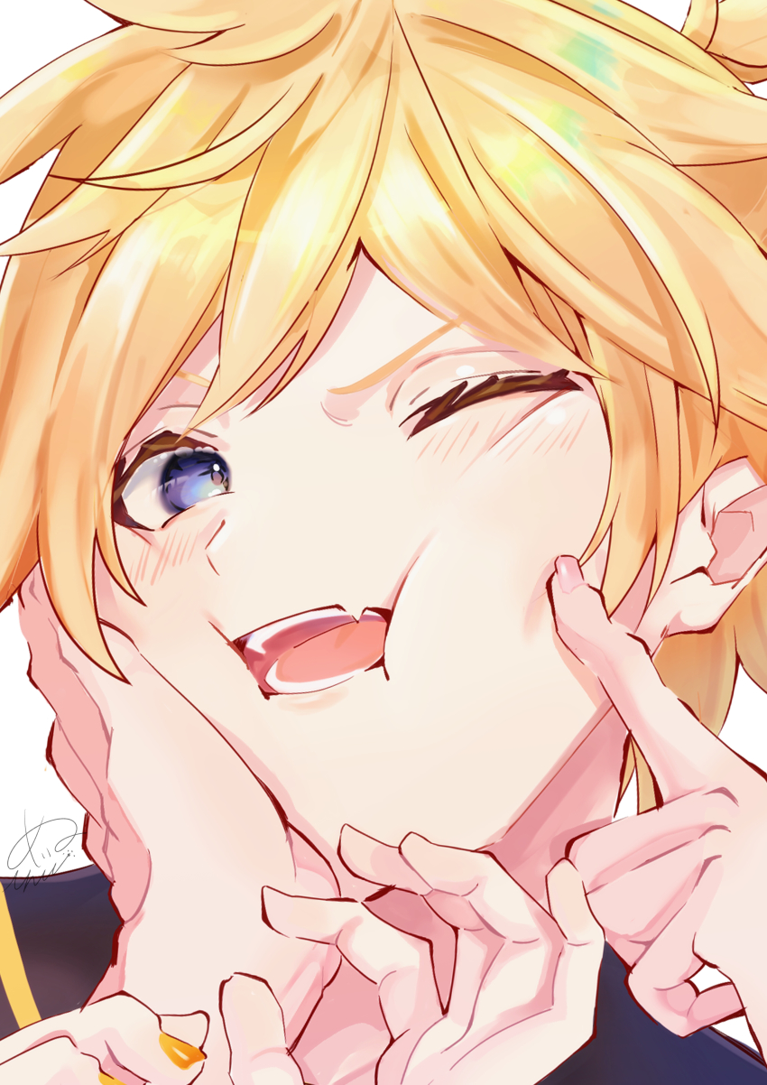 1boy absurdres annoyed blonde_hair blush cheek_poking cheek_press eyelashes fang hand_on_another&#039;s_cheek hand_on_another&#039;s_face hands_up highres inubangarou kagamine_len looking_at_viewer male_focus nail_polish one_eye_closed open_mouth orange_nails out_of_frame poking portrait pov pov_hands short_hair signature simple_background skin_fang solo_focus tongue vocaloid white_background