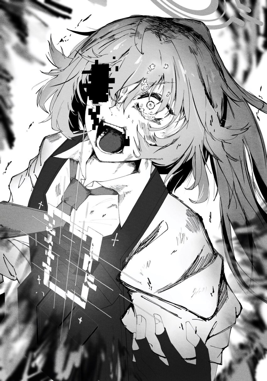 1girl a_no_smithee blue_archive bulletproof_vest constricted_pupils digital_dissolve fingerless_gloves fingernails floating_tears gloves hair_over_one_eye highres hoshino_(blue_archive) hoshino_terror_(blue_archive) monochrome necktie official_alternate_costume open_mouth ponytail screaming sidelocks solo_focus tears teeth transformation