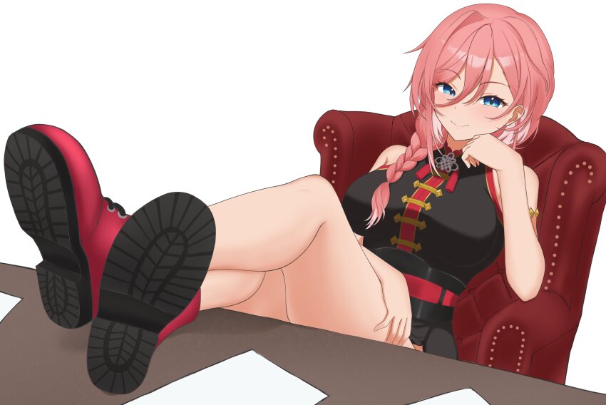1girl absurdres black_dress blue_eyes blush braid braided_ponytail breasts china_dress chinese_clothes desk dress highres hololive large_breasts long_hair looking_at_viewer pink_hair shoes sleeveless sleeveless_dress smile solo takane_lui takane_lui_(5th_costume) tassel virtual_youtuber yomocha_skebmu_ji_zhong
