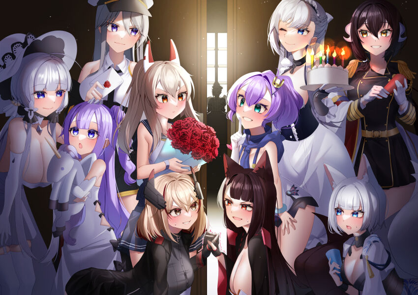 6+girls absurdres akagi_(azur_lane) animal_ears ayanami_(azur_lane) azur_lane bare_shoulders belfast_(azur_lane) bent_over black_necktie black_shirt black_skirt blue_gemstone bouquet breasts brown_dress brown_hair buttons cake cleavage collared_shirt commander_(azur_lane) crown detached_collar double-breasted dress elbow_gloves enterprise_(azur_lane) envelope epaulettes flower food gem gloves gold_trim green_eyes grey_hair hair_between_eyes hanging_breasts hat headgear highres holding holding_bouquet holding_cake holding_envelope holding_food holding_stuffed_toy horns illustrious_(azur_lane) indoors javelin_(azur_lane) kaga_(azur_lane) kitsune large_breasts leaning_forward light_brown_hair long_hair looking_at_another maid_headdress medium_breasts medium_hair mikasa_(azur_lane) mini_crown mole multiple_girls necktie one_eye_closed open_mouth peaked_cap purple_eyes purple_hair red_eyes red_flower red_rose roon_(azur_lane) rose sagging_breasts seele0907 shirt short_hair skirt sleeveless sleeveless_shirt stuffed_toy stuffed_unicorn sun_hat thighhighs tri_tails unicorn_(azur_lane) very_long_hair white_dress white_gloves white_hair white_headwear white_shirt white_thighhighs yellow_eyes