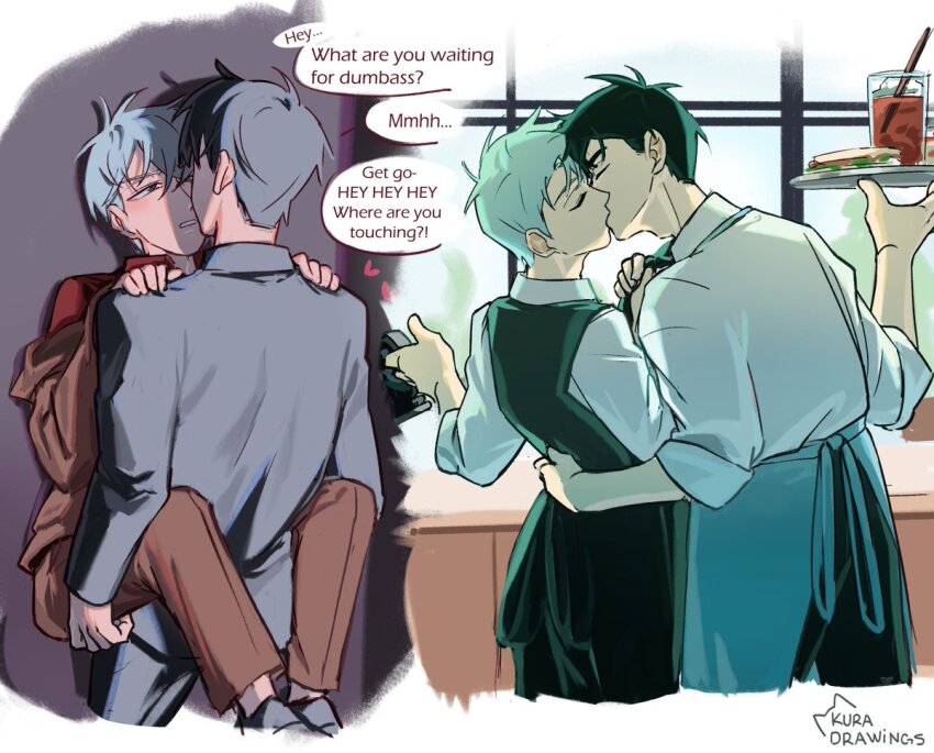 2boys alien_stage apron black_hair black_jacket black_pants brown_jacket brown_pants closed_eyes commentary cup drink english_commentary english_text food grey_hair hands_on_another&#039;s_shoulders heart holding holding_tray ivan_(alien_stage) jacket kiss kuradrawings long_sleeves male_focus multiple_boys pants red_shirt sandwich shirt signature till_(alien_stage) tray white_shirt yaoi