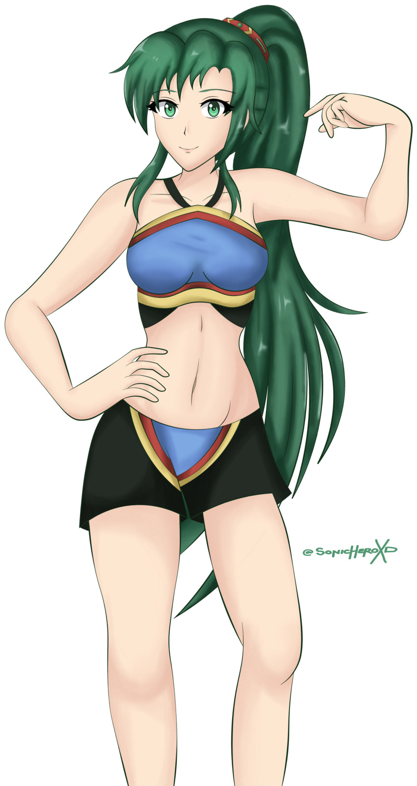 1girl absurdres ahoge armpit_crease armpits artist_name boyshort_panties bra breasts clenched_hands collarbone earrings female_focus fire_emblem fire_emblem_warriors green_eyes green_hair groin hair_ornament halterneck hand_on_own_hip hand_up happy highres intelligent_systems jewelry knees legs long_hair looking_at_viewer lyn_(fire_emblem) matching_hair/eyes matching_underwear medium_breasts midriff navel neck nintendo official_alternate_costume official_underwear panties pointing pointing_at_self ponytail print_bra print_panties sidelocks simple_background smile sonicheroxd sports_bra standing stomach thighs underwear underwear_only white_background