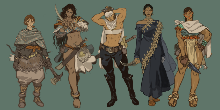 5girls abs armor arrow_(projectile) axe aztec battle_axe black_hair bow_(weapon) brown_hair cape cromwaits earrings facepaint highres holding holding_axe holding_weapon jewelry knife long_hair low_side_ponytail multiple_girls muscular muscular_female navel original ponytail short_hair short_ponytail simple_background sword warrior weapon