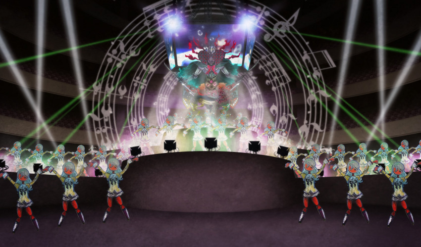 6+girls armor arms_up artist_request black_bow black_bowtie black_shoes blue_cape bow bowtie bubble cape clone colored_skin dancing familiar_(madoka_magica) full_armor game_cg green_hair grey_skirt highres juliet_sleeves klarissa_(madoka_magica) kneehighs long_hair long_sleeves mahou_shoujo_madoka_magica mahou_shoujo_madoka_magica_(anime) mahou_shoujo_madoka_magica_magia_exedra medici_collar mermaid miniskirt mitakihara_school_uniform monster_girl multiple_girls musical_staff official_art oktavia_von_seckendorff pink_bow pink_bowtie pleated_skirt puffy_sleeves red_skin school_uniform shirt shoes skirt socks stage stage_lights torn_cape torn_clothes white_sleeve_cuffs white_socks witch&#039;s_labyrinth witch_(madoka_magica) yellow_shirt