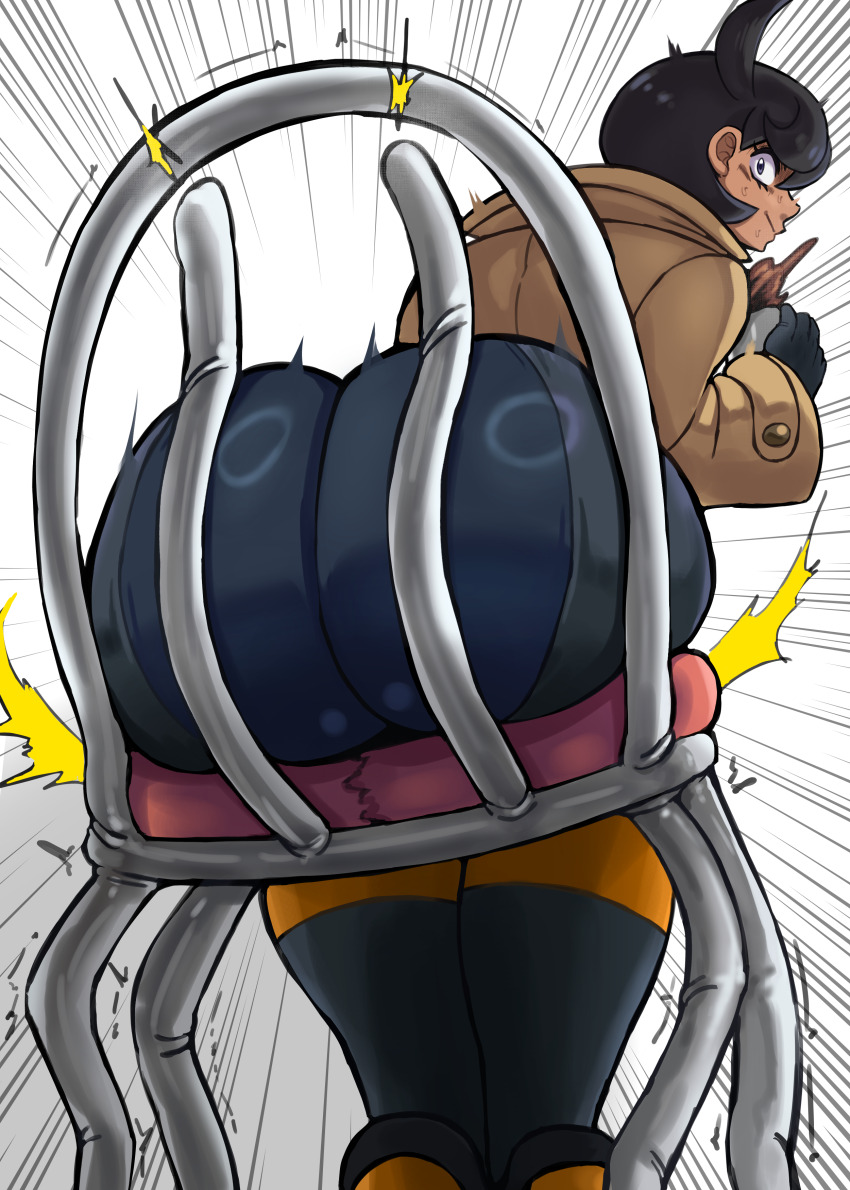 1girl :&gt; absurdres ass ass_focus ass_press black_bodysuit black_hair bodysuit bodysuit_under_clothes broken_chair brown_coat chair charge_sol coat cup dark-skinned_female dark_skin embarrassed emma_(pokemon) from_behind from_below highres holding holding_cup huge_ass leaning_forward legs_together looking_at_viewer looking_back motion_lines mug nintendo pokemon pokemon_legends:_z-a short_hair sitting skin_tight solo sweat trembling wide_hips