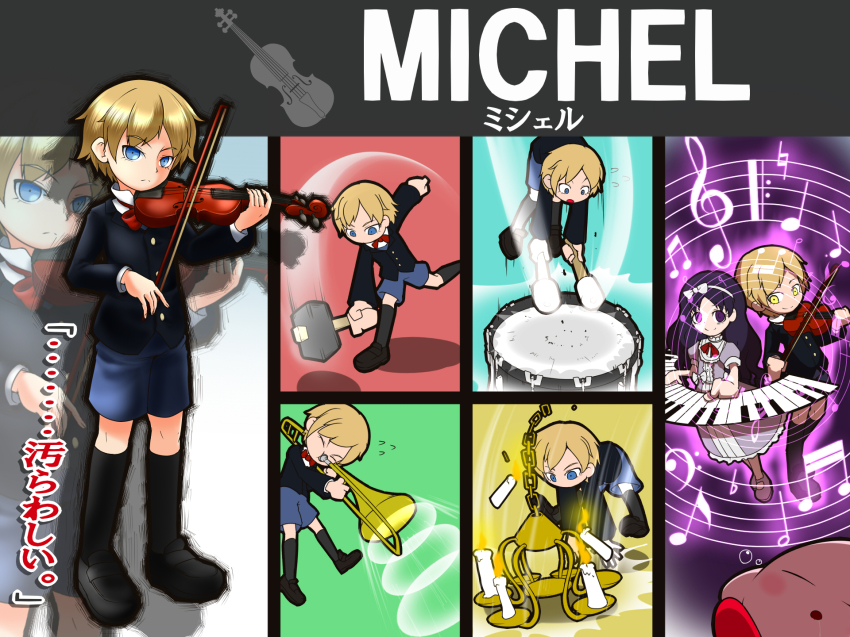 1boy 1girl black_hair blonde_hair blue_eyes candle chandelier character_name chloe_ardenne chloe_no_requiem commentary_request crossover drum drumsticks final_smash hammer highres instrument kirby kirby_(series) michel_d&#039;alembert musical_note nintendo piano purple_eyes shan_grila sleeping sound_wave super_smash_bros. translated trombone violin yellow_eyes