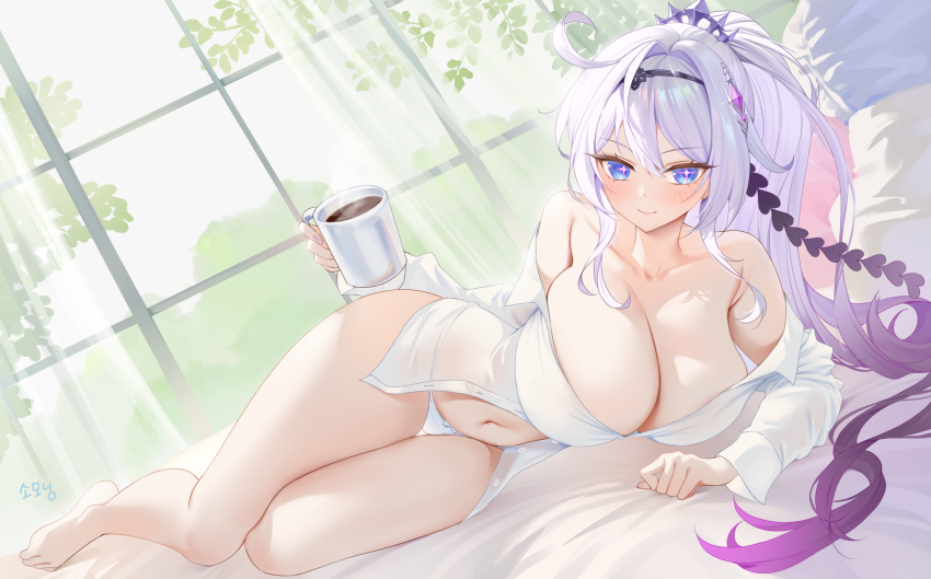 1girl alternate_breast_size alternate_costume armpit_crease bare_legs bare_shoulders barefoot bedroom blue_eyes breasts closed_mouth clothes_down coffee_mug collarbone commentary commission cup curvy dutch_angle english_commentary gradient_hair hair_ornament highres holding holding_cup honkai_(series) honkai_impact_3rd huge_breasts indoors kiana_kaslana kiana_kaslana_(herrscher_of_finality) large_breasts legs light_blush long_hair looking_at_viewer lying mug multicolored_hair nail_polish no_pants on_bed on_side panties pillow purple_hair purple_pupils shirt side_ahoge smile solo star-shaped_pupils star_(symbol) symbol-shaped_pupils underwear very_long_hair white_hair white_panties white_shirt wide_hips window zzo_(chorizzzzo)