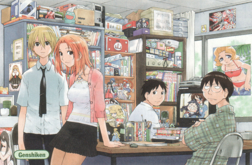 1girl 3boys akiyama_tokino blonde_hair brown_eyes brown_hair copyright_name enomoto_chihiro genshiken kamishakujii_renko kasukabe_saki kio_shimoku kousaka_makoto kujibiki_unbalance madarame_harunobu messy_room multiple_boys official_art otaku otaku_room red_hair ritsuko_kubel_kettenkrad sasahara_kanji scan