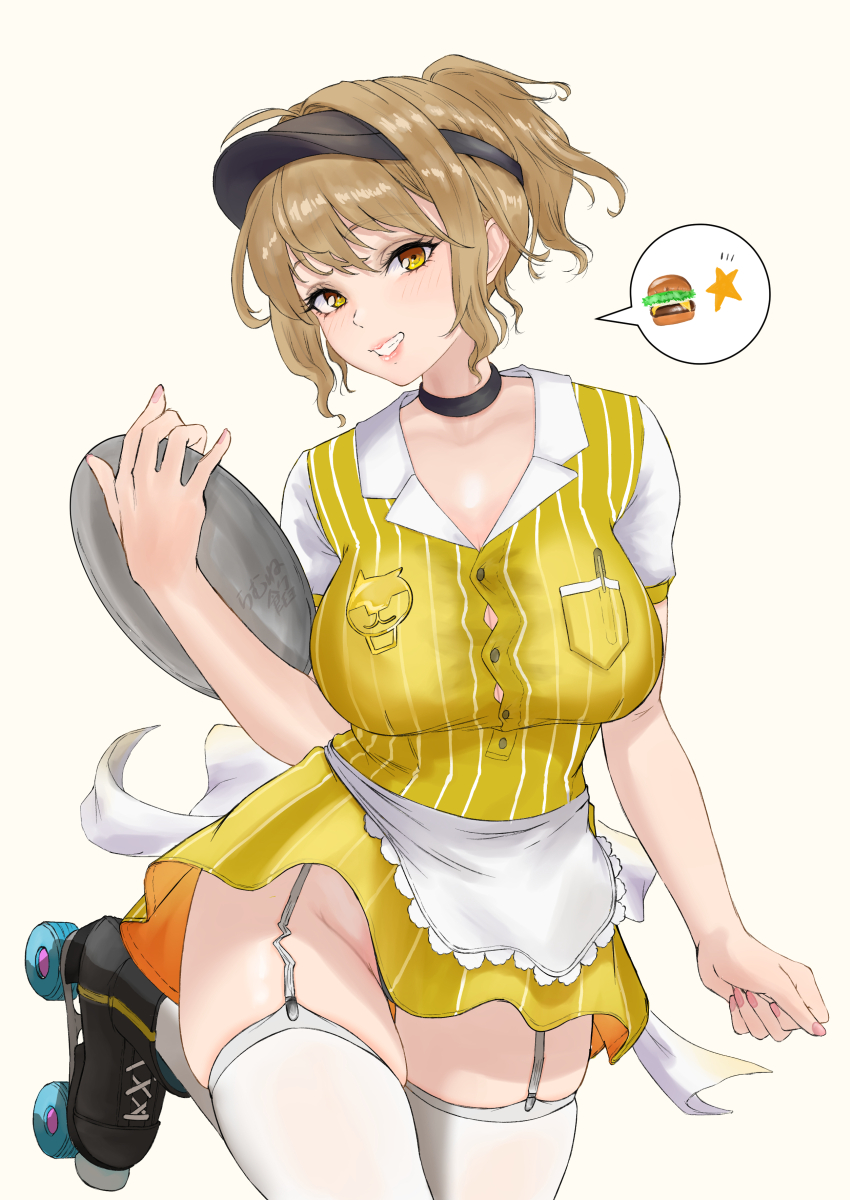 1girl absurdres anis_(nikke) apron black_panties blush breasts brown_hair choker garter_straps goddess_of_victory:_nikke grin groin highres inline_skates large_breasts leg_up looking_at_viewer no_panties panties ponytail ramuneogura roller_skates simple_background skates smile solo thighhighs tray underwear visor_cap white_background white_thighhighs yellow_eyes