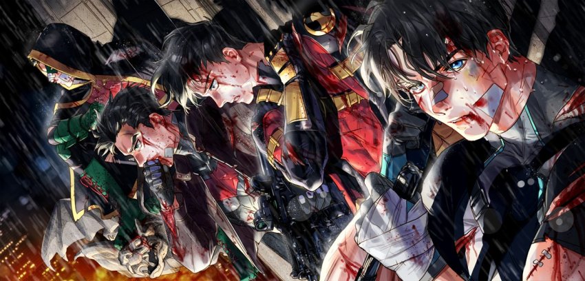 4boys bandaid bandaid_on_cheek bandaid_on_face bandaid_on_nose batman_(series) black_bodysuit black_cape black_gloves black_hair blood blood_from_mouth blood_on_clothes blood_on_face blue_eyes bodysuit boots brothers brown_jacket cape clenched_teeth damian_wayne dc_comics dick_grayson g0ringo gloves green_eyes green_gloves gun holding holding_gun holding_weapon hood hood_down hooded_cape injury jacket jason_todd looking_at_viewer male_focus multiple_boys night nightwing open_clothes open_jacket outdoors parted_lips rain red_bodysuit red_hood_(dc) red_robin robin_(dc) short_hair siblings teeth tim_drake torn_clothes two-tone_bodysuit water_drop weapon wet wet_clothes wet_face wet_hair