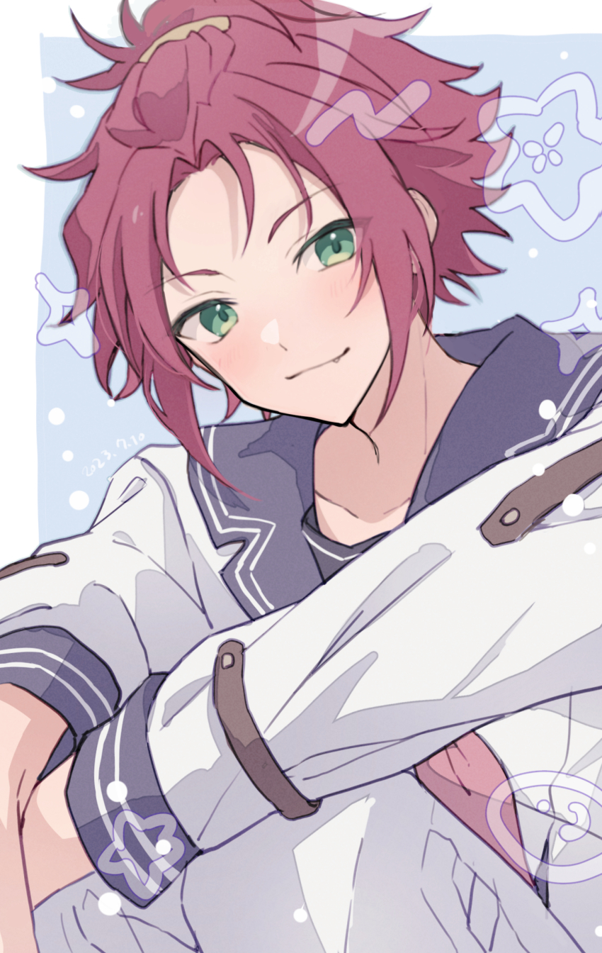 1boy blue_sailor_collar closed_mouth ensemble_stars! green_eyes half_updo hands_out_of_frame highres isara_mao long_sleeves looking_at_viewer male_focus red_hair reijiro sailor_collar short_hair smile solo