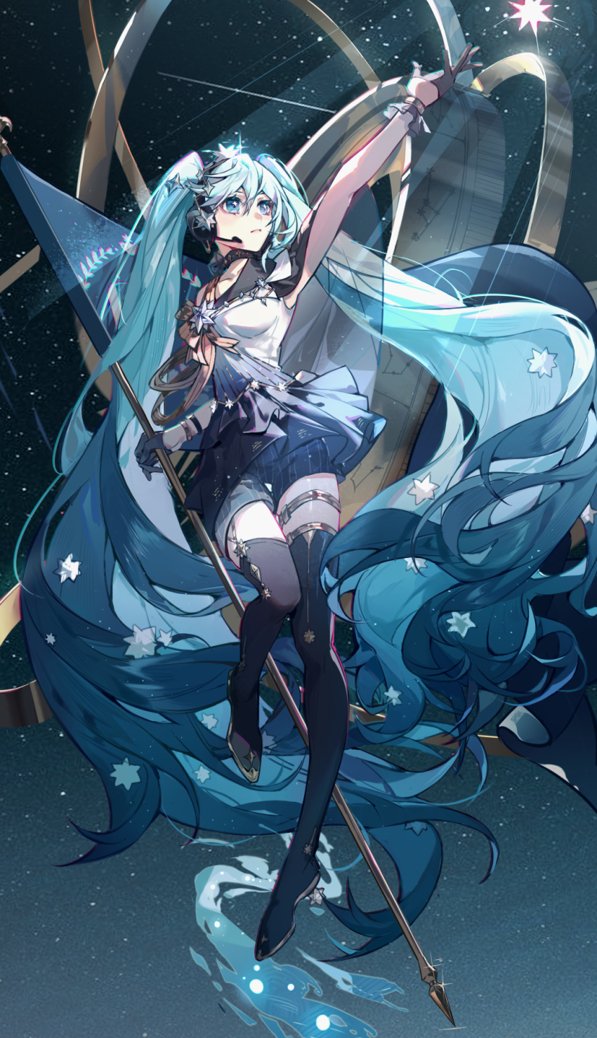 1girl absurdly_long_hair arm_up armillary_sphere black_gloves black_skirt black_thighhighs blue_hair cancer_(constellation) cassiopeia_(constellation) chinese_commentary chromatic_aberration closed_mouth commentary_request constellation_hair_ornament flag full_body glint gloves gradient_clothes gradient_shirt hair_ornament half_gloves hatsune_miku headphones headset highres holding holding_flag holding_pole leg_lift leo_(constellation) light_blue_hair long_hair looking_to_the_side microskirt outstretched_arm polaris_(star) polaris_miku pole reaching shirt shorts shorts_under_skirt skirt sky solo space sq_(su_qing) star_(sky) star_(symbol) star_hair_ornament star_in_eye starry_sky symbol_in_eye thigh_gap thighhighs twintails upskirt ursa_minor_(constellation) very_long_hair vocaloid