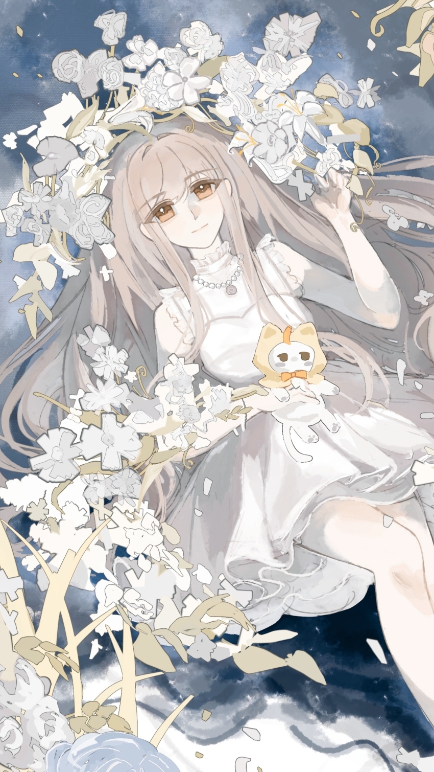 1girl absurdres alternate_color animal bare_arms bare_legs bare_shoulders bead_necklace beads brown_eyes brown_hair cat close-up closed_mouth clothed_animal cowboy_shot dress flower flower_necklace frilled_dress frills grey_flower grey_rose hair_spread_out happy highres holding holding_animal holding_cat jewelry lake long_hair long_sidelocks looking_at_viewer lying miracle_nikki momo_(nikki) necklace night night_sky nikki_(nikki) nikki_(series) on_back partially_submerged pleated_dress qingxu reflection reflective_water ripples rose short_dress sidelocks sky sleeveless sleeveless_dress smile star_(sky) starry_sky turtleneck turtleneck_dress very_long_hair white_cat white_dress white_flower