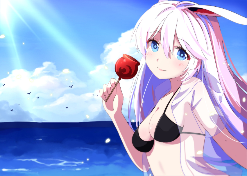 1girl animal_ears benghuai_xueyuan bikini black_bikini blue_eyes breasts candy_apple cleavage closed_mouth cloud cloudy_sky food fox_ears hair_between_eyes highres holding holding_food honkai_(series) honkai_impact_3rd jacket kexi_shi_ge_hentai long_hair ocean outdoors pink_hair see-through_clothes see-through_jacket sky smile solo summer swimsuit yae_sakura
