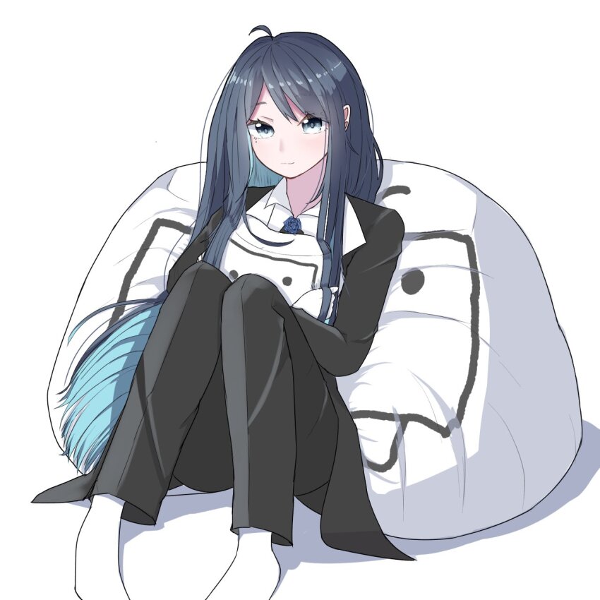 1girl ado_(utaite) ahoge bean_bag_chair black_coat black_eyes black_hair black_pants blue_background blue_flower blue_hair blue_rose border chando_(ado) coat colored_inner_hair commentary flower flower_brooch highres hugging_object looking_at_viewer mole mole_under_eye multicolored_hair niconico no_shoes open_mouth outside_border pants rose shirt sidelocks sitting socks solo tanake_(tanakei_ado) terebi-chan utaite variant_set white_border white_shirt white_socks