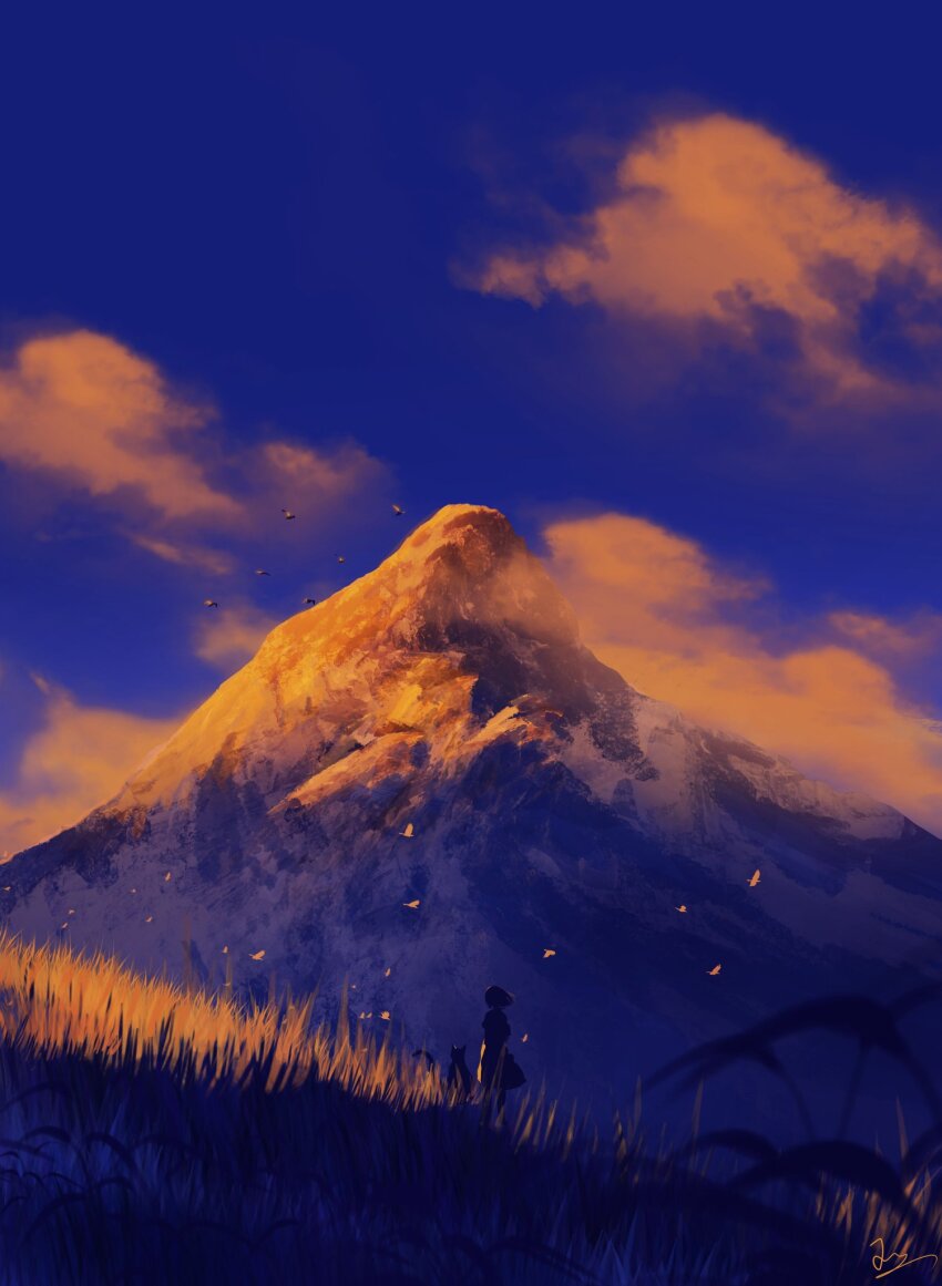 1girl bird blue_sky blurry blurry_foreground cat cloud cloudy_sky evening facing_away floating_hair flock from_behind grass highres hill huashijw landscape mountain nature original outdoors scenery shirt short_hair signature silhouette skirt sky solo very_wide_shot wind