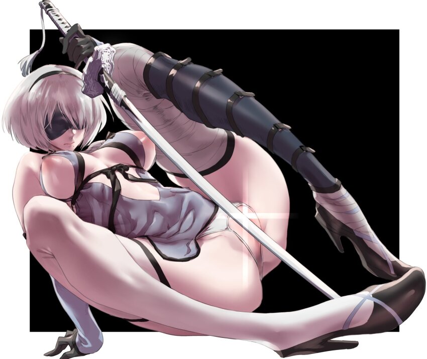 1girl 2b_(nier:automata) ass asymmetrical_clothes bandage_on_neck bandaged_arm bandaged_leg bandaged_neck bandages black_hairband blindfold blur_censor breasts censored censored_nipples cleavage convenient_censoring cosplay covered_eyes flower gloves hair_ornament hairband highres kaine_(nier) kaine_(nier)_(cosplay) katana large_breasts lingerie mole mole_under_mouth negligee nier nier:automata nier_(series) nipples panties short_hair solo sword thigh_bands underwear weapon white_hair zunta