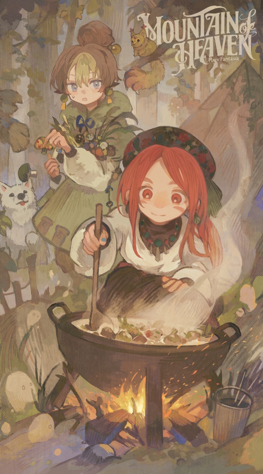 1boy 1girl absurdres agneta_(mountain_of_heaven) animal animal_ears blonde_hair blue_eyes brown_hair bucket copyright_name dog fire forest hair_bun highres jewelry juneliu927 long_hair luo_(mountain_of_heaven) multicolored_hair mushroom nature necklace outdoors pixiv_fantasia pixiv_fantasia_mountain_of_heaven pot red_eyes red_hair short_hair single_hair_bun spoon steam stew sweat tent two-tone_hair