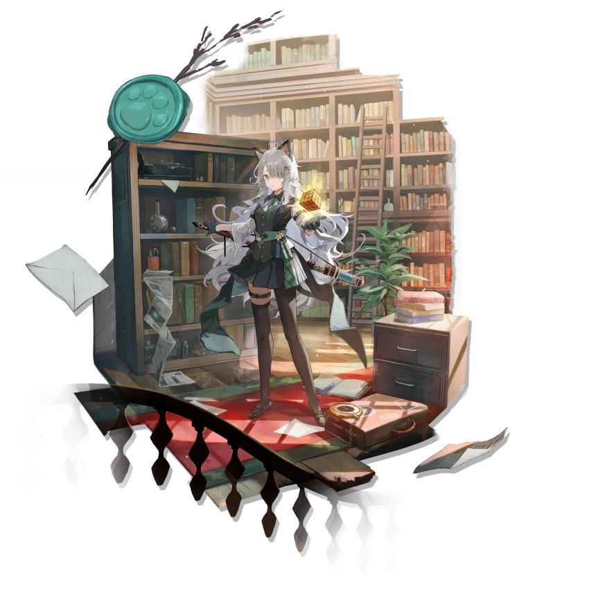 1girl absurdly_detailed_composition ahoge animal_ears arknights arm_belt asymmetrical_legwear black_pantyhose black_shoes black_thighhighs book bookshelf cat_ears cat_girl cat_tail checkered_clothes checkered_skirt collared_shirt drawer expressionless full_body gloves green_eyes green_gloves green_ribbon green_skirt grey_hair hair_ornament hair_over_one_eye hairclip hand_up highres indoors letter loaded_interior loafers long_hair long_sleeves looking_at_viewer mint_(arknights) mint_(private_study)_(arknights) neck_ribbon nuudoru official_art pantyhose parted_lips pleated_skirt ribbon rubik&#039;s_cube shirt shoes single_leg_pantyhose single_thighhigh skirt solo stairs tachi-e tail thigh_strap thighhighs vest weapon white_shirt