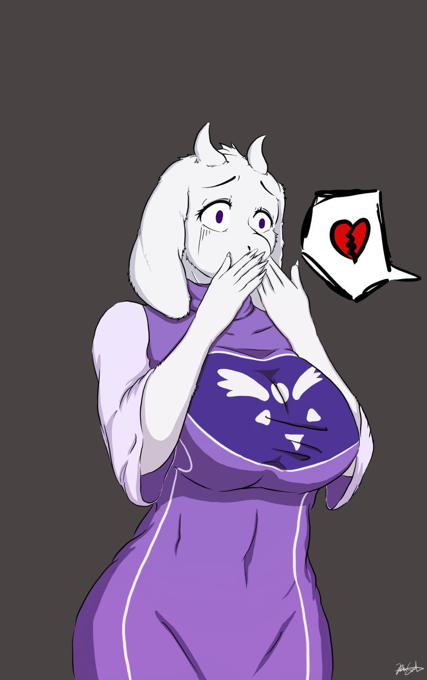 1girl 2020 absurdres animal_ears black_background breasts broken_heart covering_own_mouth curvy furry furry_female goat goat_horns heart highres horns implied_death large_breasts mature_female monster monster_girl rusal simple_background solo spoken_heart toriel undertale white_fur wide-eyed