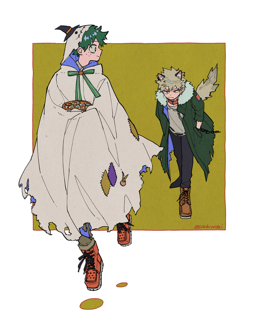 2boys :/ all_might alternate_eye_color animal_ears ankle_boots bakugou_katsuki black_ears black_eyes black_hat black_pants blonde_hair bluesky_username boku_no_hero_academia boots bow bowtie bright_pupils broken broken_chain brooch brown_footwear carrying chain chain_leash character_sticker cloak closed_mouth coat collar colored_shadow cuffs film_grain floating following food_request freckles fur-trimmed_coat fur_trim ghost_costume green_bow green_bowtie green_coat green_hair grey_cloak grey_pants grey_shirt halloween halloween_costume hand_in_pocket hat hat_over_hood hat_ribbon highres hood hood_up hooded_cloak hugging_object jewelry leaning_forward leash looking_at_another looking_back male_focus midair midoriya_izuku mini_hat mini_witch_hat multiple_boys official_alternate_costume orange_brooch orange_ribbon outside_border paneled_background pants patch pocket profile red_collar red_eyes red_footwear ribbon sanpaku shackles shadow shirt shoes short_hair sideways_mouth smile sneakers souko_(floyd) spiked_hair standing striped_bow striped_bowtie striped_clothes t-shirt tail three-quarter_sleeves torn_cloak torn_clothes torn_coat torn_shirt torn_sleeve turning_head twitter_username two-sided_cloak two-sided_fabric white_pupils witch_hat wolf_boy wolf_ears wolf_tail yellow_background