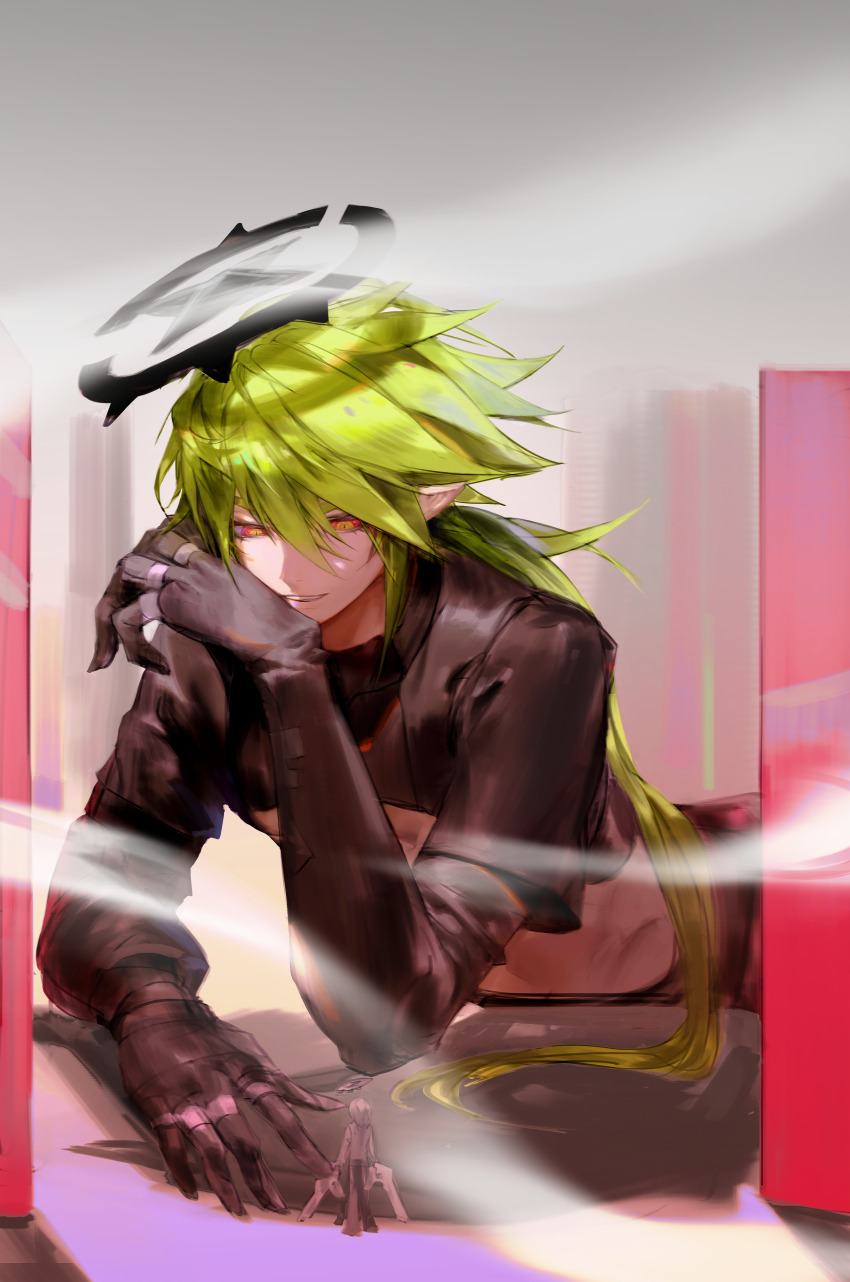 2boys absurdres aotu_world arm_support bishounen black_gloves black_jacket black_pants black_shirt closed_mouth crop_top cropped_jacket elbow_rest gloves green_hair grey_background hair_between_eyes halo head_rest highres jacket jewelry long_hair long_sleeves looking_at_viewer low_ponytail lying male_focus midriff mini_person miniboy multicolored_eyes multiple_boys multiple_rings on_stomach pants parted_lips pointy_ears ponytail red_eyes ring shirt smile smoke solo_focus very_long_hair waterrice11 xander_(aotu_world) yellow_eyes