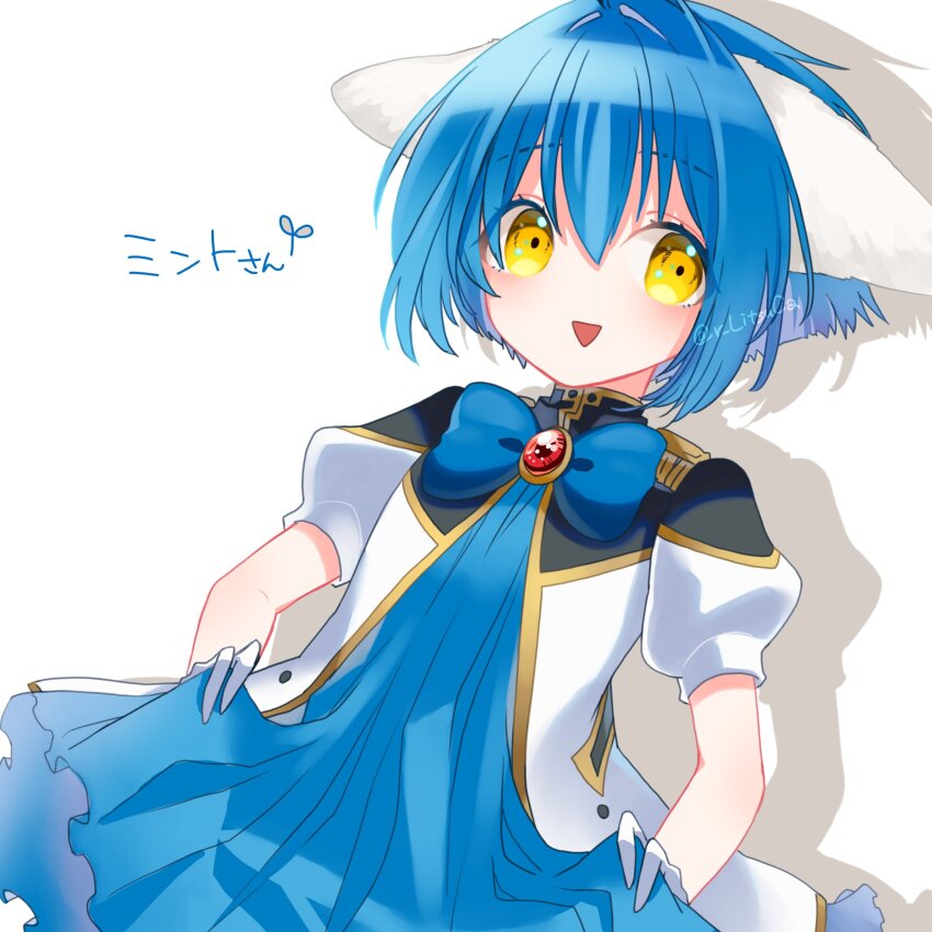 1girl :d angel_wing_uniform animal_ears blue_bow blue_bowtie blue_dress blue_hair bow bowtie character_name cowboy_shot dress galaxy_angel gloves highres jacket looking_at_viewer military_jacket mint_blancmanche monocle monocle_chain open_mouth ritsu_(r_litsuca) short_hair smile solo white_gloves yellow_eyes